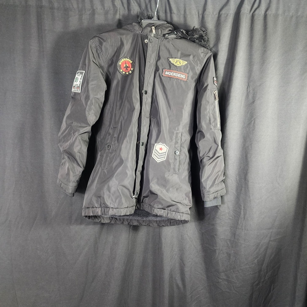 Kids‎ MOERDENG Black Hooded Parka Jacket Patches and Faux Fur Trim Size 10-12